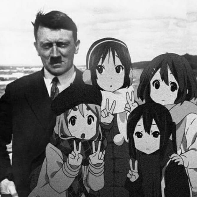 Hitler taking a group photo with anime girls